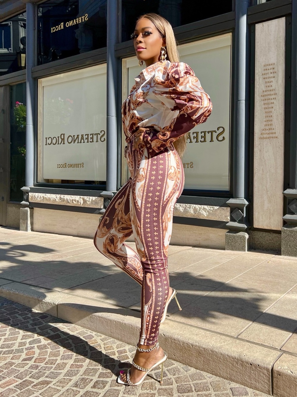 Brown Cream Baroque-Print High-Waist Pant Set - Picture 3 of 8